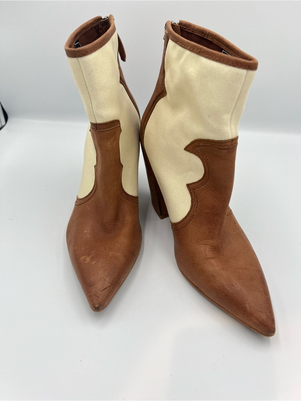 Dolce Vita Noraya Western Booties Size 8 Brown Cream Pointed Toe Block Heel